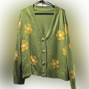 Green Floral Button-Up Sweater
